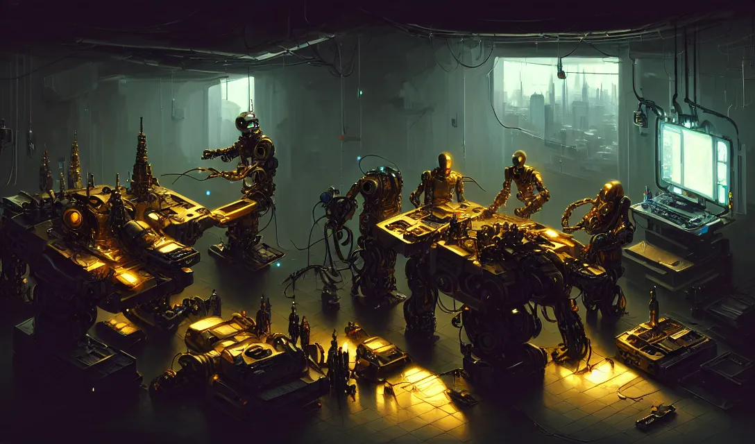 Image similar to robot repair workshop, art of vitaly bulgarov, cyberpunk tech, ultrarealistic, futuristic, three point lighting, dramatic lighting, electrical details, high details, 4 k, 8 k, best, accurate, trending on artstation, photorealism, digital painting, style of peter mohrbacher, caravaggio