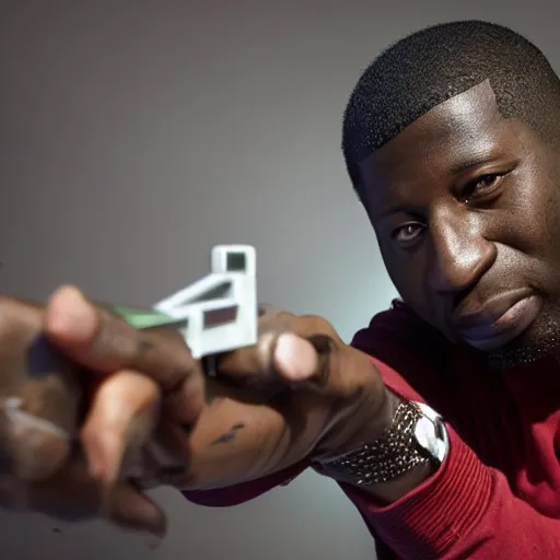 Image similar to angry gucci mane shooting and terrorizing people in the hood, 8k resolution, full HD, cinematic lighting, award winning, anatomically correct