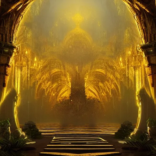 Prompt: a golden cathedral in the middle of a rain forrest, moss, moist, symmetry, elegant, intricate æ, 8 k, ultra high quality, blender art, the golden ratio, mysticism, cinematic, concept art, gustav moreau, noah bradley