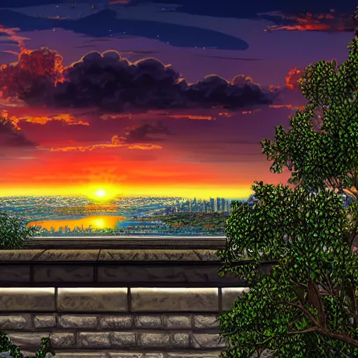 Prompt: anime digital art view from castle balcony sunset