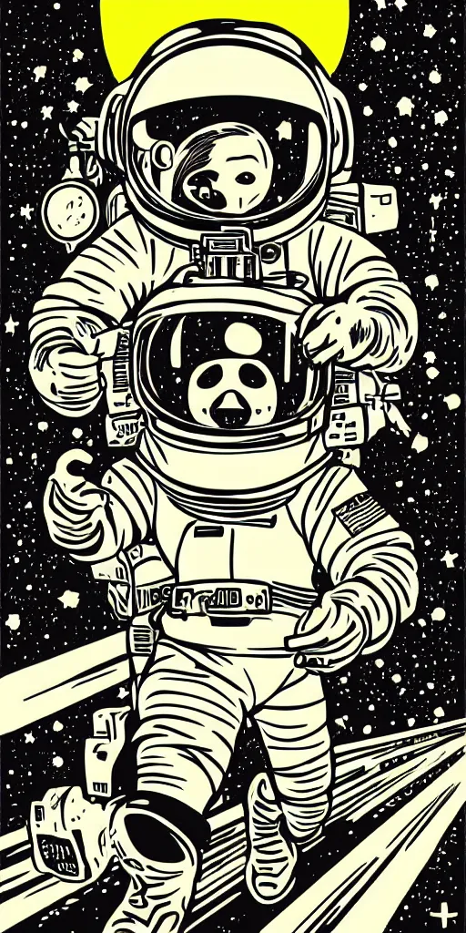 Image similar to neon!!!!, full color, mcbess poster , astronaut drifting into a black hole