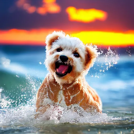 Image similar to a closeup photorealistic photograph of a cute smiling tiger bichon puppy splashing in the surf during sunset. professional capture, well lit shot. this 4 k hd image is trending on artstation, featured on behance, well - rendered, extra crisp, features intricate detail, epic composition and the style of unreal engine.