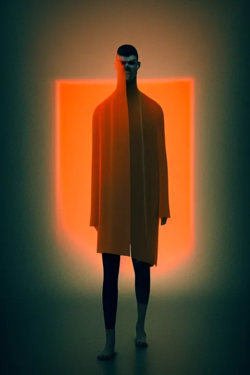 Image similar to a hypermasculine model wearing male haute couture from givenchy, macro photography, long exposure photograph, surrealism, anamorphic bokeh, cozy, soft light, orange and teal, caustic, atmospheric fog, octane render, cinematic