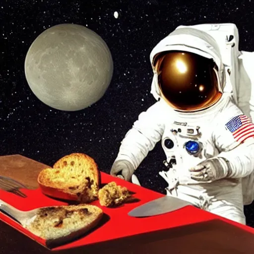 Image similar to A photo of an astronaut on the moon without his helmet eating garlic bread with knife and fork,the bread is on a red table,earth in the background