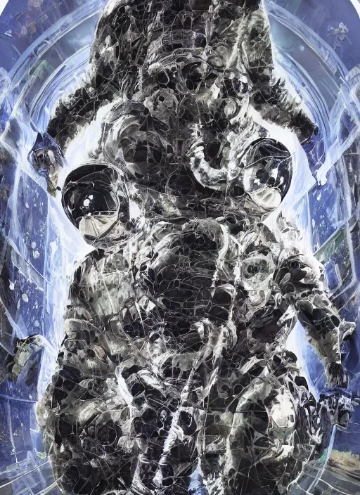 Image similar to astronauts in the dark infinite underwater void - complex and hyperdetailed technical suit, fabric material. reflection and dispersion materials. rays and dispersion of light. volumetric light. wide angle, f / 3 2. noise film photo. flash photography. ultra realistic, wide angle. poster by wayne barlowe, hajime sorayama aaron horkey, craig mullins