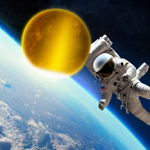 Image similar to astronaut in space, galactic background reflections on suit on one side and a yellow planet on the other side