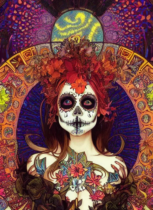 Image similar to realistic detailed psychedelic poster art of a cute punk goth fractal Día de los Muertos girl posing by Victor Moscoso Rick Griffin Alphonse Mucha Ayami Kojima Amano Charlie Bowater, masterpiece