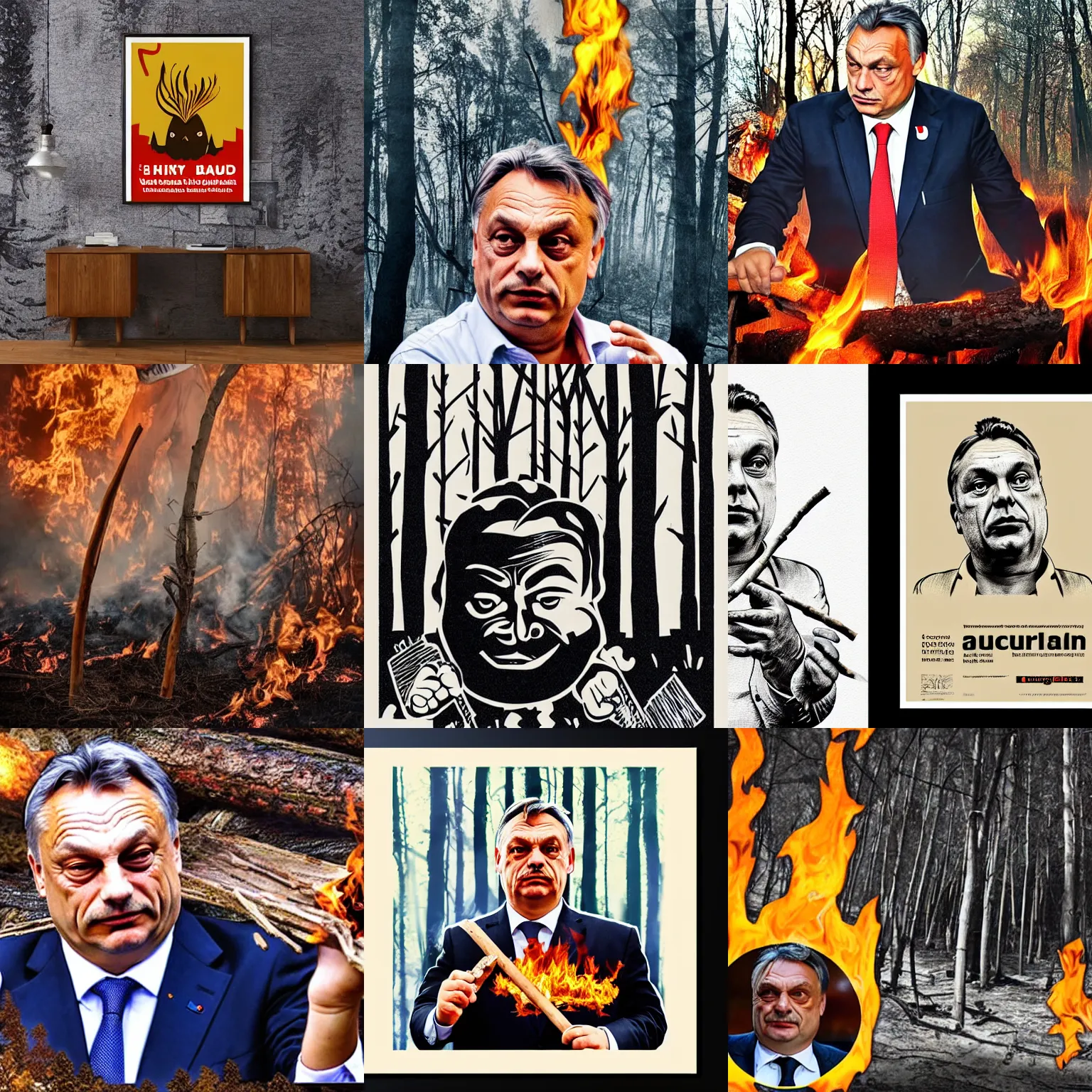 Prompt: viktor orban burning down a forest, holding a wood piece, highly detailed winking face, bauhaus poster