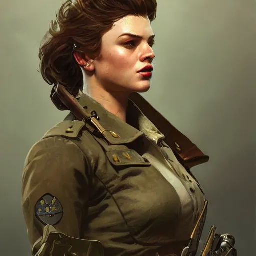 Prompt: Alexandra Jordan as a soldier character in Fallout 4, gorgeous, beautiful, intricate, highly detailed, digital painting, artstation, oppressive lighting, concept art, sharp focus, illustration, art by greg rutkowski and alphonse mucha