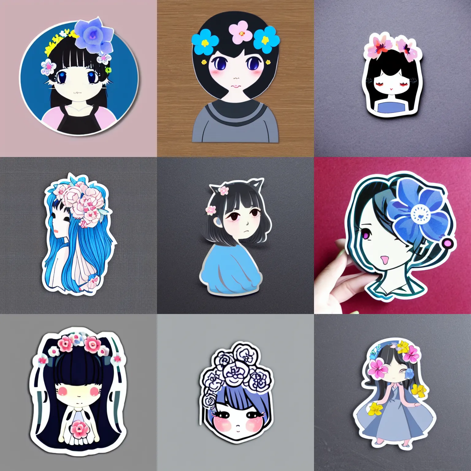 Prompt: catroon die cut sticker of cute kawaii japaneese woman with blue flower in her hair with white border on gray background