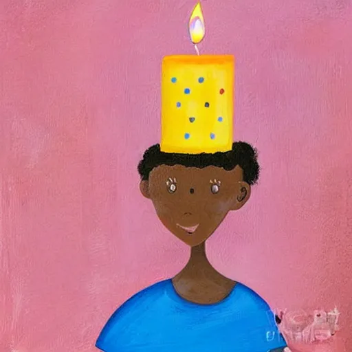 Prompt: a childrens illustration book portrait painting of a birthday cake with many candles, white backdrop, blank background, art by tracie grimwood, aesthetically vibrant colors,