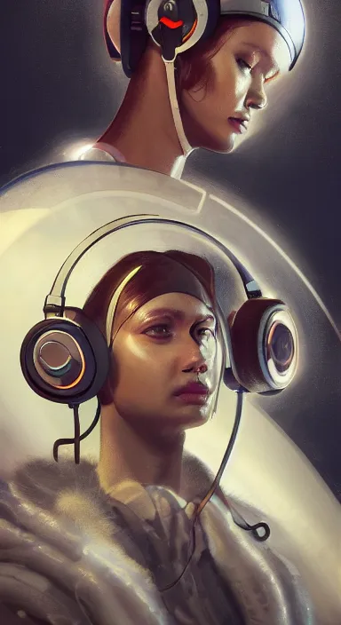 Image similar to portrait of a catholic cyborg saint djing with headphones on and a halo, high detail, hyper - realism, 4 k, by greg rutkowski and asher brown durand and vogue, trending on artstation