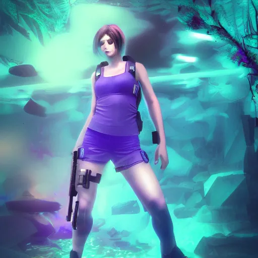 Image similar to Jill Valentine with pistol swimming in chromatic SPIRITS in misty mysterious astral temple, beautiful, dmt, trending on artstation, omnious, soft, REALISTIC