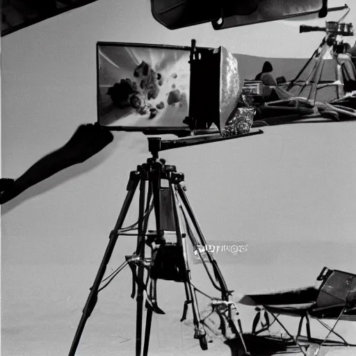 Image similar to Behind the scenes photo of the filming of a movie set on Venus, 1956, black and white, film grain