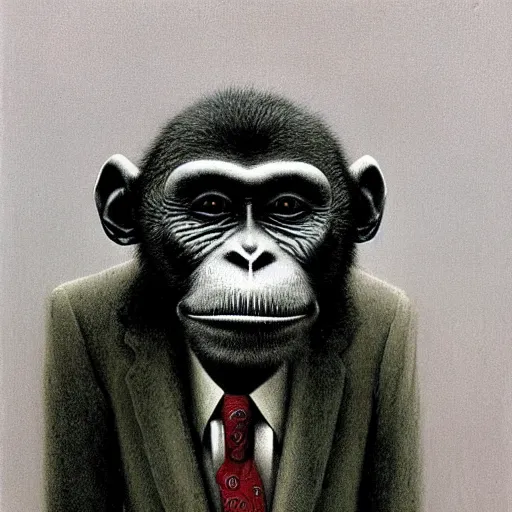 Image similar to monkey in a suit made by zdzislaw beksinski