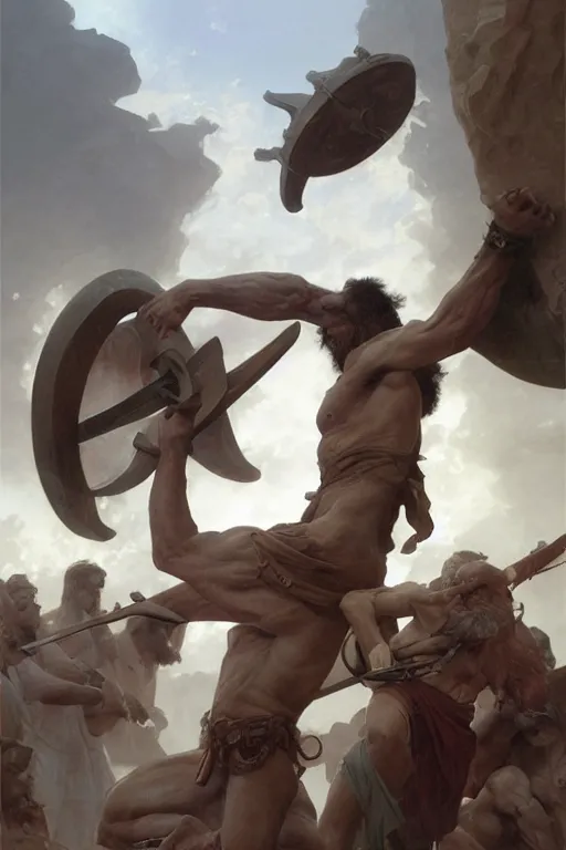 Image similar to ancient historically accurate depiction of the Bible Character Goliath of Gath, the Philistine warrior giant by frank miller, illustration by Ruan Jia and Mandy Jurgens and William-Adolphe Bouguereau, Artgerm, 4k, digital art, surreal, space dandy style, highly detailed, godsend, artstation, digital painting, concept art, smooth, sharp focus, illustration by Ruan Jia and Mandy Jurgens and William-Adolphe Bouguereau, Artgerm