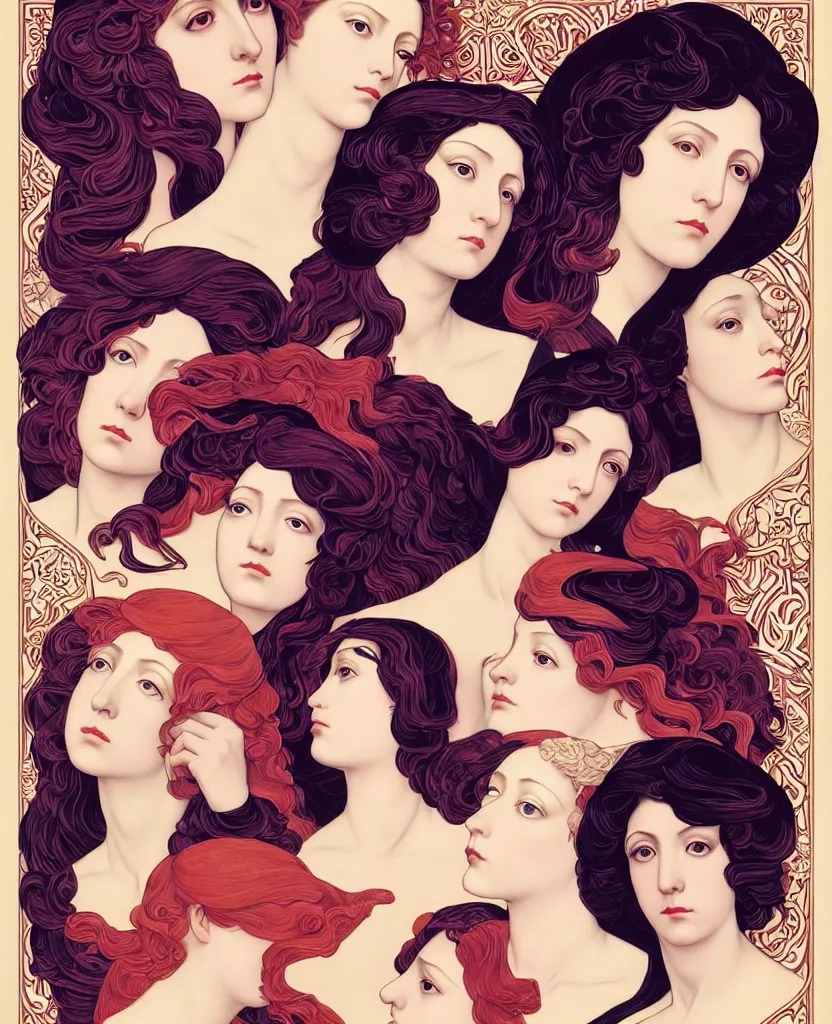 Image similar to the 12 months of the year as 12 Muses, in a mixed style of Æon Flux, Shepard Fairey, Botticelli, and John Singer Sargent, inspired by pre-raphaelite paintings, shoujo manga, and cool Japanese street fashion, gradients, iridescence, chromatic aberration, hyper detailed, super fine inking lines, dramatic color, 4K extremely photorealistic, Arnold render