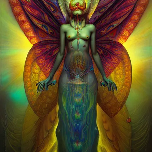 Prompt: psychedelic dmt angel artwork of esao andrews, frank peter mohrbacher, energy body, sacred geometry, esoteric art, divinity, detailed, tarot art