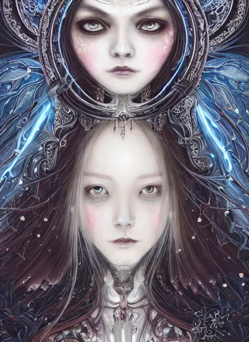 Image similar to breathtaking detailed art portrait painting of evil fantasy sorceress vampire, orthodox saint, with anxious, piercing eyes, ornate background, amalgamation of spells, by Hsiao-Ron Cheng, James jean, Miho Hirano, Hayao Miyazaki, extremely moody lighting, Black paper, cut paper texture, Full of light-blue and silver and white layers, 8K