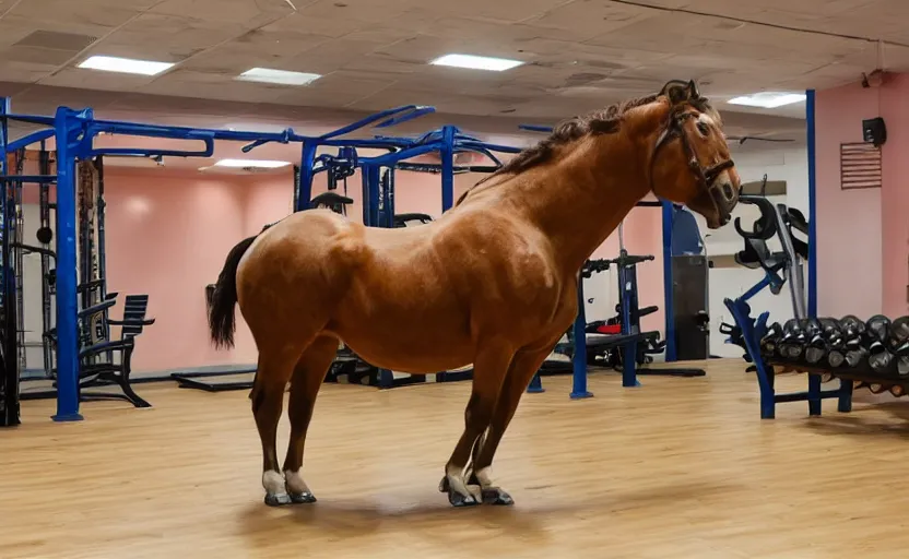 Prompt: strong cart horse with big muscles in a gym, turning right by 8 0 *