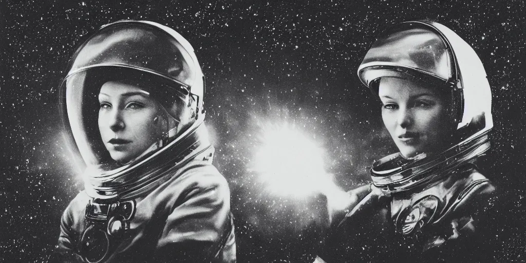 Image similar to etching portrait of a woman wearing a space helmet, scifi, big clouds visible in the background, stars in the sky, high contrast, deep black tones