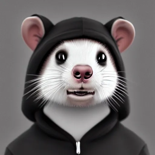 Prompt: a furry anthropomorphhic ferret wearing a black hoodie, hyperrealistic, octane render, artstation