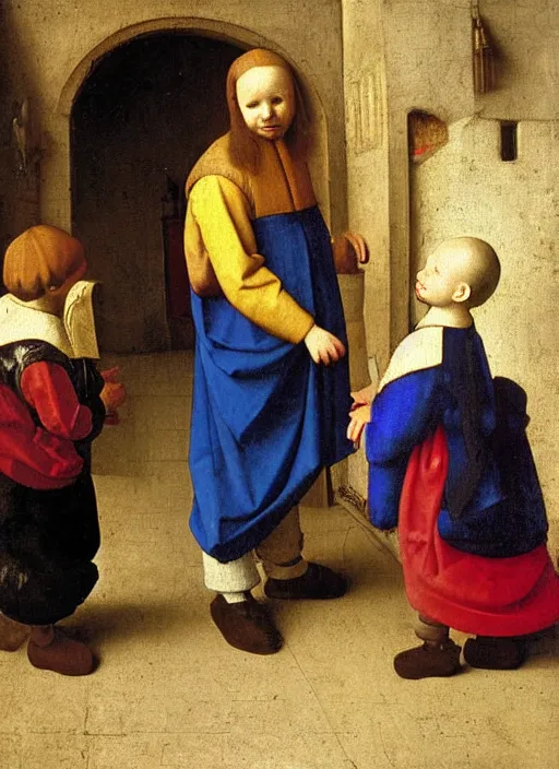 Image similar to Two little brothers meet a young man, medieval painting by Jan van Eyck, Johannes Vermeer, Florence