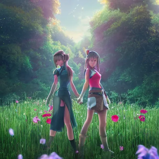 Prompt: aerith and yuffie from final fantasy 7 remake by ross tran, sitting in a flower field by ilya kuvshinov, rtx reflections, maya, extreme high intricate hyperrealistic details by wlop, medium shot, composition by sana takeda, dramatic lighting by greg rutkowski