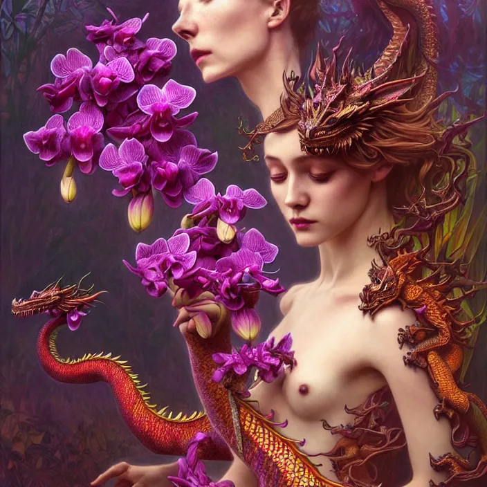 Prompt: psychedelic dragon made of orchids, diffuse lighting, fantasy, intricate, elegant, highly detailed, lifelike, photorealistic, digital painting, artstation, illustration, concept art, smooth, sharp focus, art by John Collier and Albert Aublet and Krenz Cushart and Artem Demura and Alphonse Mucha