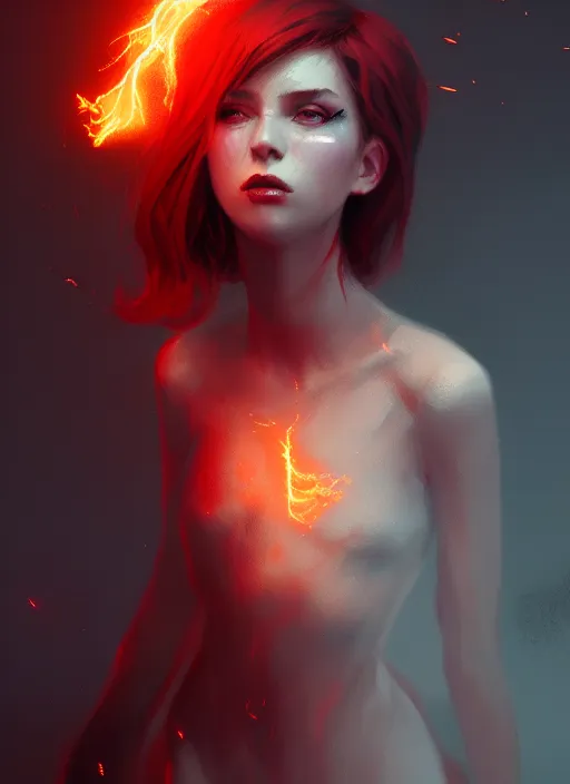 Image similar to satan daughter, wearing, outfit, clothes, full body, fire, hell, lightning, pyromancer, intricate, elegant, highly detailed, digital painting, artstation, concept art, smooth, sharp focus, illustration, ethereal, misty, by ilya kuvshinov and jeremy mann, 8 k, octane render