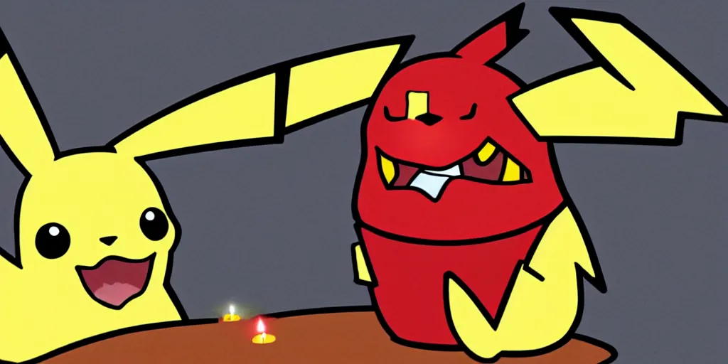 Image similar to pikachu devouring a dog sharp teeth burtal eyes scary mouth dark room red candles trash bin