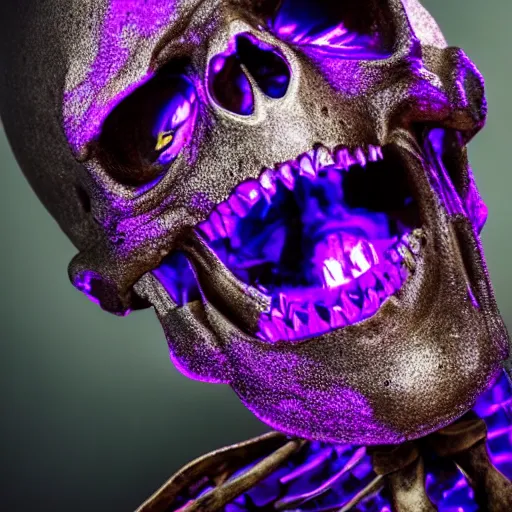 Image similar to a detailed professional portrait of a fancy skeleton with expressive features and metallic teeth, metal teeth, professional photography, longshot, full portrait, skeleton in a suit, purple glowing eyes