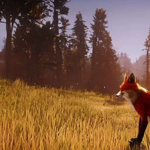 Image similar to video game screenshot of an anthropomorphic fox wearing western sheriff outfit as a character in red dead redemption 2