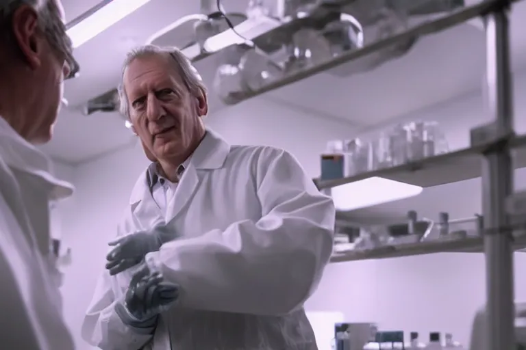 Prompt: an ultra realistic cinematic portrait of an evil male scientist smirking, foggy, stood in a lab, detailed, backlight, deep focus, movie still, moody lighting, by werner herzog
