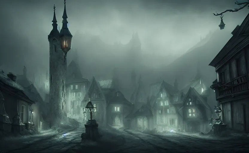 Image similar to extreme long shot concept art depicted old austrian enchanted town, dramatic mood, overcast mood, dark fantasy environment, league of legends, arcane, trending on artstation, unreal engine, golden ratio, spectacular composition, realistic architecture