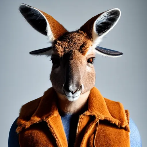 Image similar to a photo of a buff kangaroo wearing a hunters hat and vest, standing tall and strong with a hunters hat and vest, studio photography, 8 k