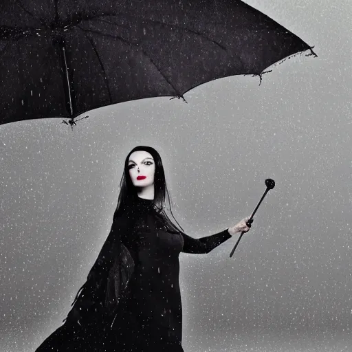 Image similar to morticia addams holding a parasol during a [ humid, rainy day ] as she saunters across the city, closeup!!!, photorealistic facial features, trending on artstation, 4 k photorealism, unsplash, shot by jimmy nelson