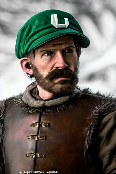 Image similar to very very intricate photorealistic photo of a realistic human version of luigi wearing his hat in an episode of game of thrones, photo is in focus with detailed atmospheric lighting, award - winning details