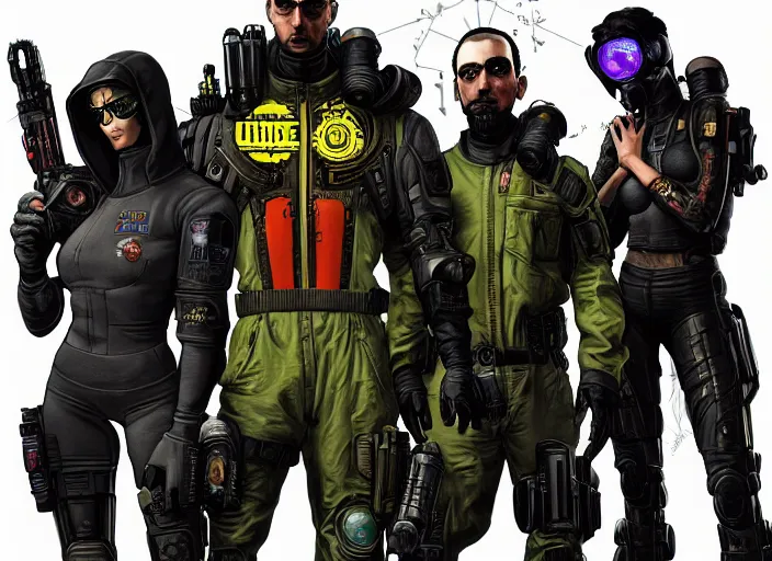 Image similar to cyberpunk blackops hazmat squad. portrait by stonehouse and mœbius and will eisner and gil elvgren and pixar. character design. realistic proportions. cyberpunk 2 0 7 7 character art, blade runner 2 0 4 9 concept art. cel shading. attractive face. thick lines. the team. diverse characters. artstationhq.