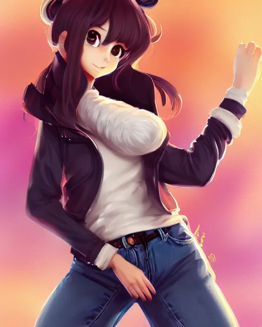 Image similar to fullbody portrait of anthropomorphic half - tiger fluffy cute anime woman in jeans coat, concept art, anime art, by a - 1 picture, trending on artstation artgerm, ross tran, wlop, marc davis