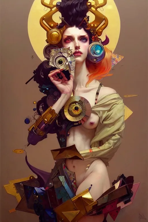 Image similar to portrait, patchwork doll, cyberpunk, elegant baroque, asymmetrical art, hyperrealism, colorful, vivid, imposing, epic, abstract texture, gold leaf texture, artstation, concept art, by peter mohrbacher and wlop and rhads and artgerm and magali villeneuve and alphonse mucha