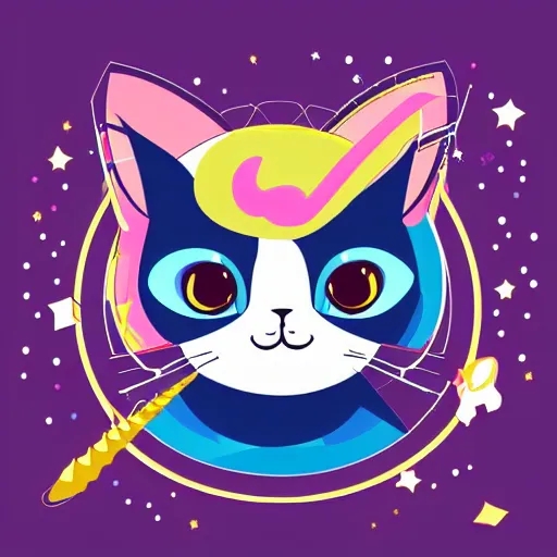 Prompt: a simplified vector based illustration about a very cuteunicorn cat, style of Akira motion movie, space colors, smooth and clean vector curves, no jagged lines, vinyl cut ready