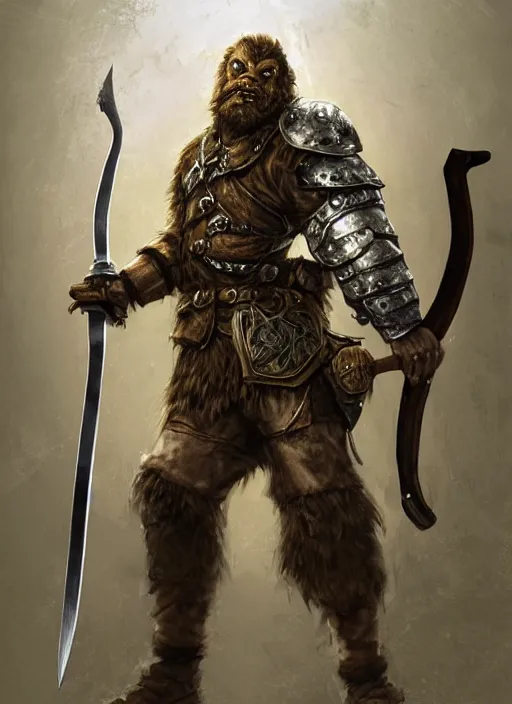 Image similar to strong young man, photorealistic bugbear ranger holding aflaming sword, black beard, dungeons and dragons, pathfinder, roleplaying game art, hunters gear, jeweled ornate leather and steel armour, concept art, character design on white background, by alan lee, norman rockwell, makoto shinkai, kim jung giu, poster art, game art