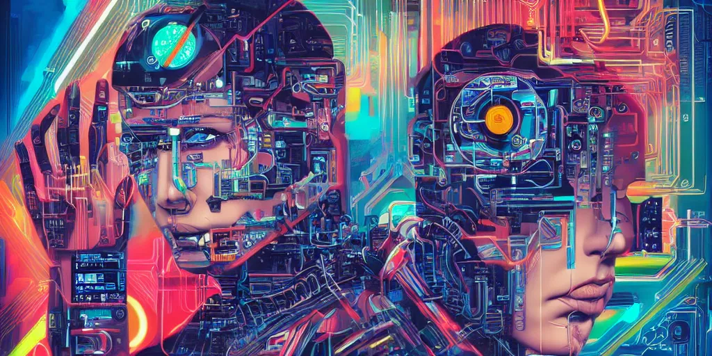 Image similar to portrait of computer & circuits, 8 k, by tristan eaton, trending on deviantart, face enhance, hyper detailed, minimalist, cybernetic, android, blade runner, full of colour, super detailed, cinematic