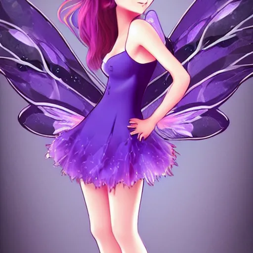 Image similar to very very very beautiful tiny fairy woman in her 20s with fairy wings wearing skintight purple dress, making eye contact, smiling, flirty, perfect body, perfect face, drawn by WLOP