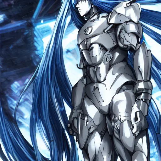 Prompt: An anime man with long, blue hair, wearing steel armor, drawn by Yoji Shinkawa highly detailed, trending on art station, sci-fi themed, dynamic posing