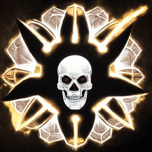 Image similar to divine skull symbol glowing in white yellow light spell scroll art by artgerm and greg rutkowski and Craig Mullins, James Jean, Andrey Ryabovichev, Mark Simonetti and Peter Morbacher 16k