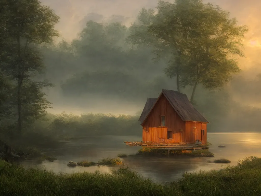 Prompt: a oil painting of a serene landscape with a singular wooden house near a bridge over river, at sunrise, concept art, octane render, unreal engine 5, trending on deviantart, highly detailed, high quality, oil painting, digital painting, masterpiece, hyperrealistic, breathtaking landscape, soft lighting, godrays, complementary colors, natural lighting