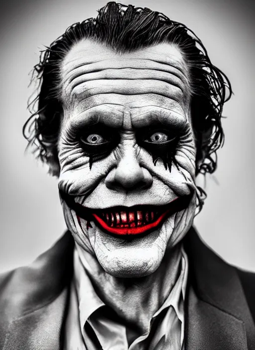 Prompt: photo of Willem Dafoe as the Joker by Lee Jeffries, big smile, detailed, award winning, Sony a7R, trending on artstation