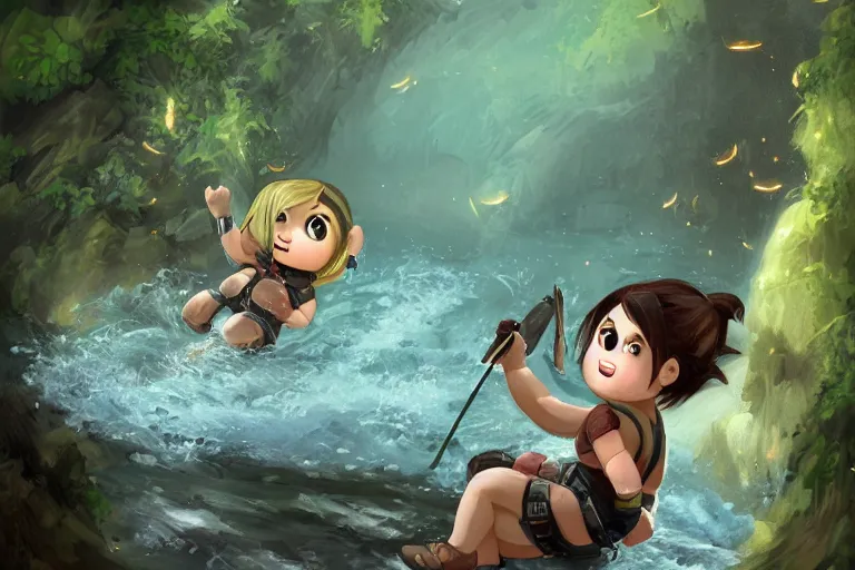 Image similar to wide shot of obese Chibi derpy Lara Croft climbing out of a roaring ancient river, fireflies by Lilia Alvarado